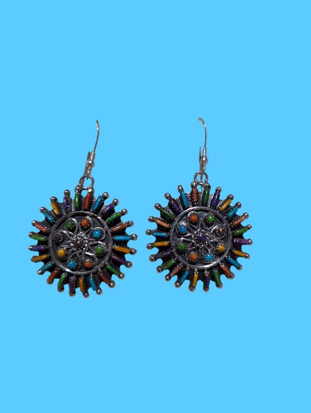 Vintage Sterling Silver Multi-Stone Inlay Sunburst Medallion Earrings